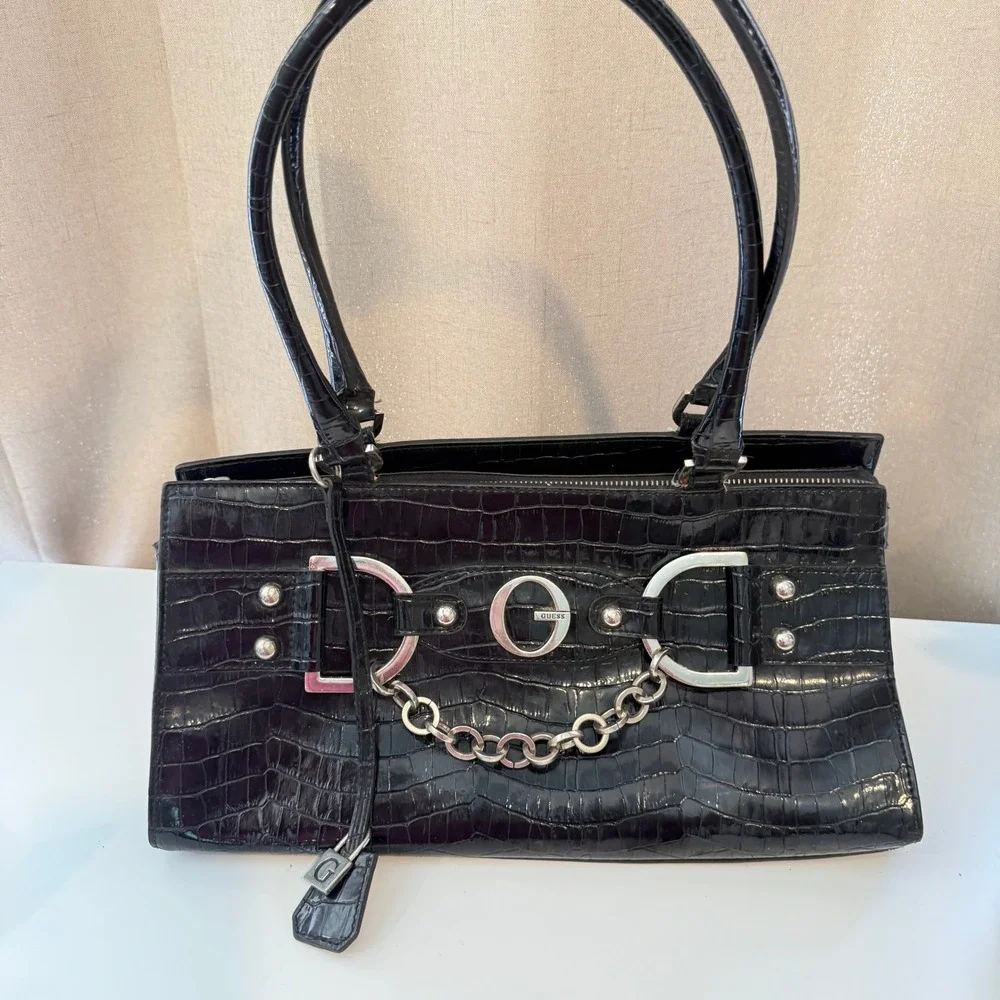 Guess Black Croc Embossed Patent Shoulder Bag Silver Chain Logo Y2K Satchel